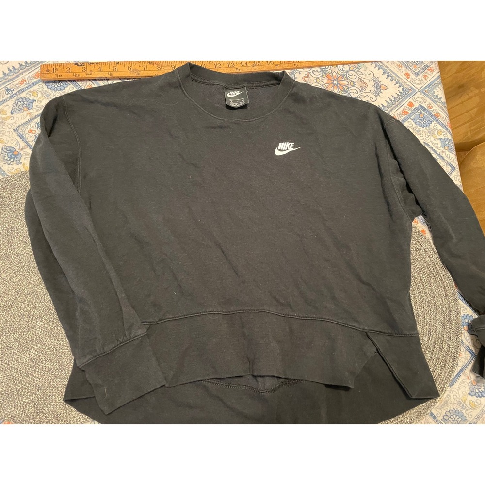 Nike Women Black Fleece Crewneck Sweatshirt Oversized Cropped High Low Small